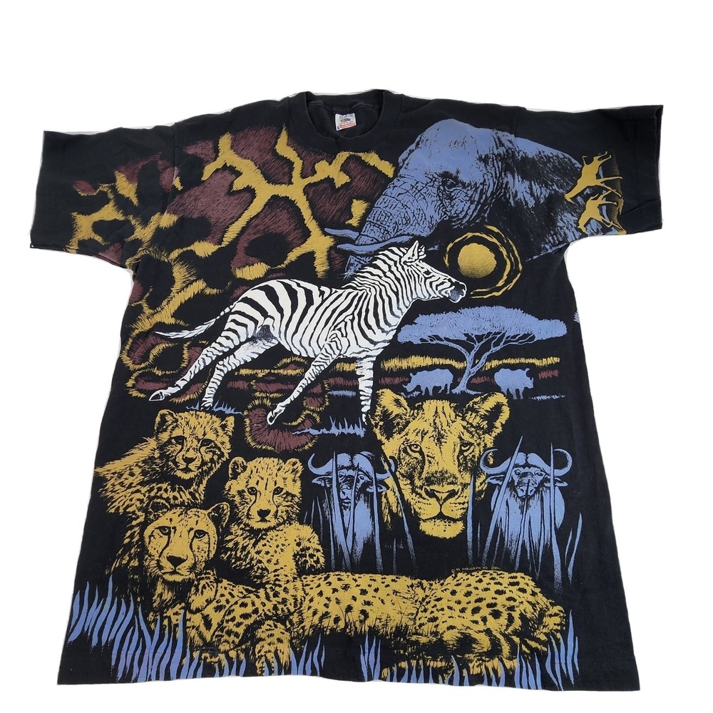 Vintage 1993 Harlequin Africa Wildlife Art Tee T Shirt XL All Over Print Sngl St